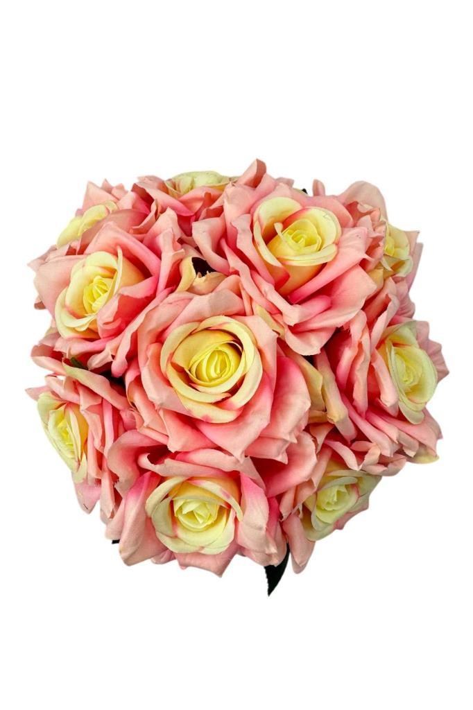 Yapay Çiçek Pembe Koyu Gül 10lu Demet Gelin Çiçeği Buketi Masa Üstü Vazo Çiçeği 25cm