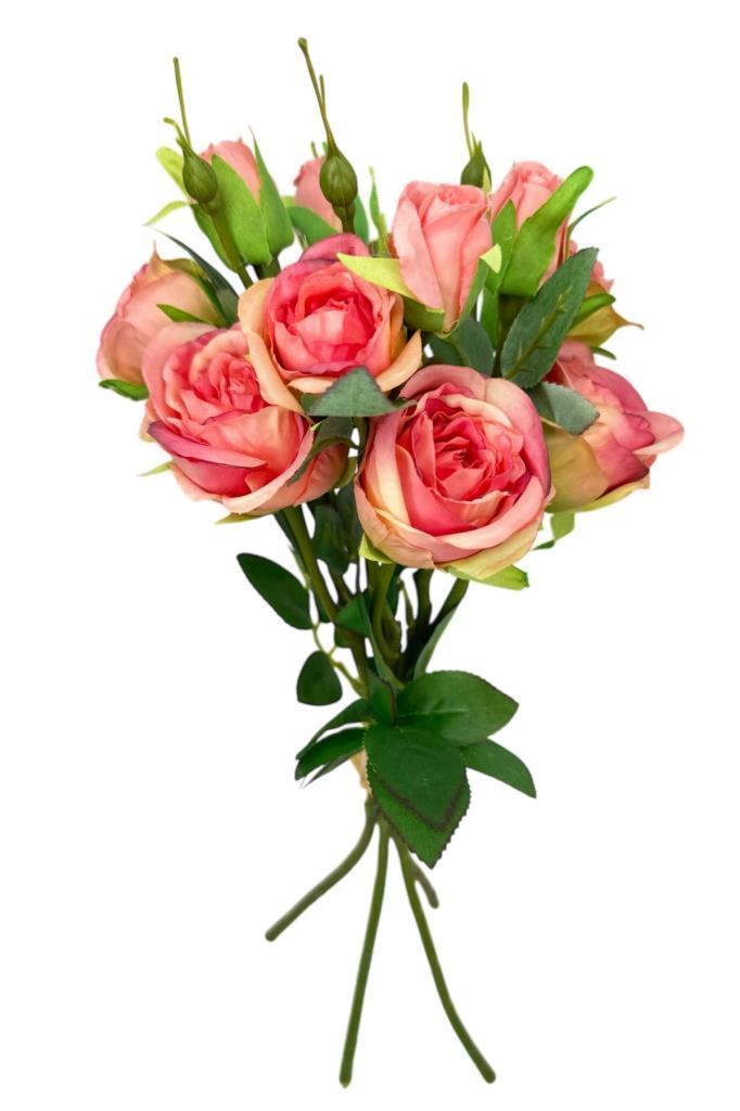 Yapay Çiçek Pembe Koyu Gül 8Gül 4Tomurcuklu Lüx Demet Gelin Çiçeği Buketi Masa Üstü VazoÇiçeği 47cm