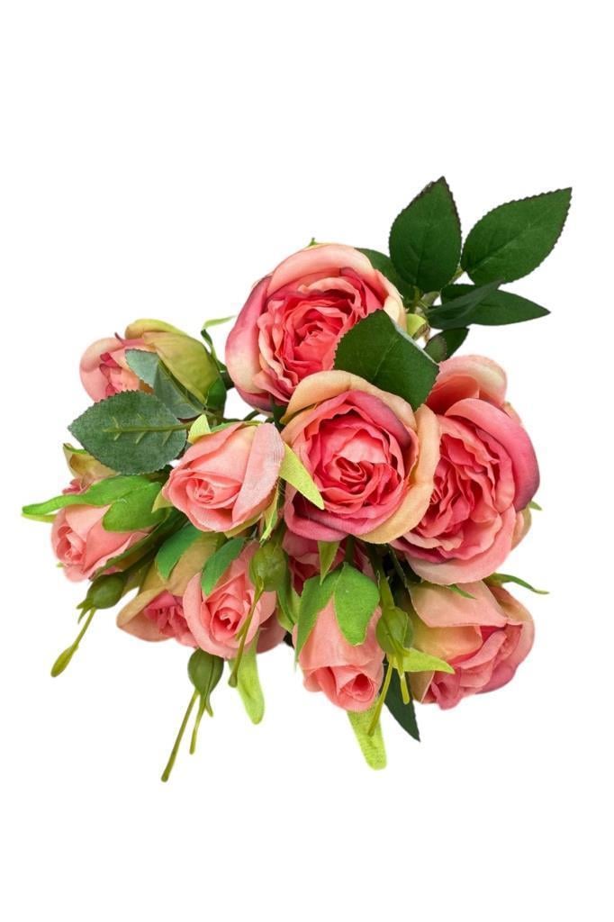 Yapay Çiçek Pembe Koyu Gül 8Gül 4Tomurcuklu Lüx Demet Gelin Çiçeği Buketi Masa Üstü VazoÇiçeği 47cm