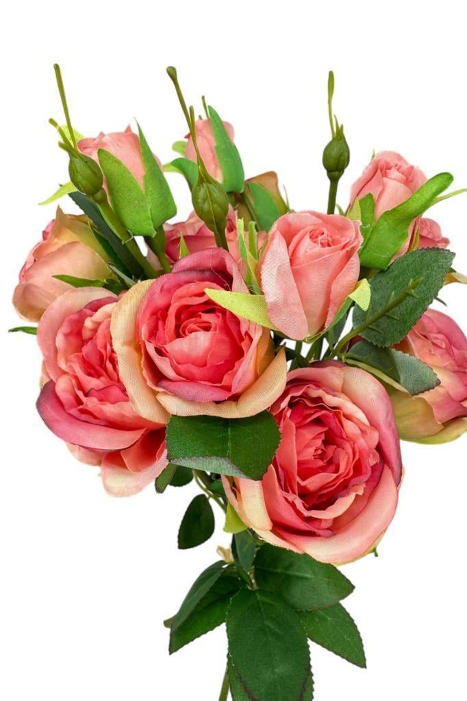 Yapay Çiçek Pembe Koyu Gül 8Gül 4Tomurcuklu Lüx Demet Gelin Çiçeği Buketi Masa Üstü VazoÇiçeği 47cm