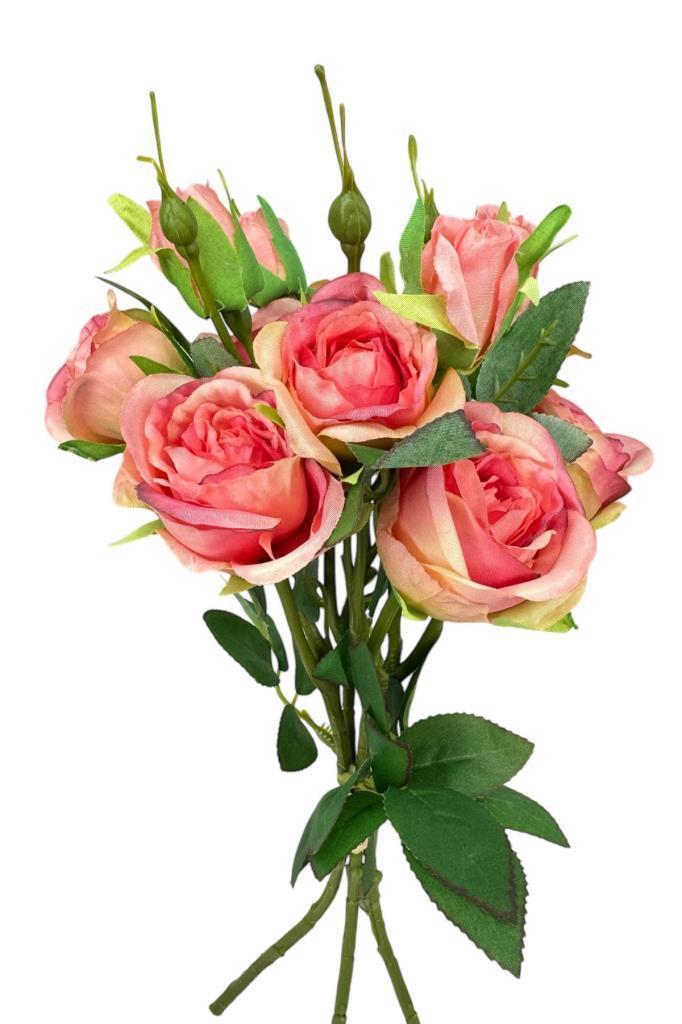 Yapay Çiçek Pembe Koyu Gül 8Gül 4Tomurcuklu Lüx Demet Gelin Çiçeği Buketi Masa Üstü VazoÇiçeği 47cm