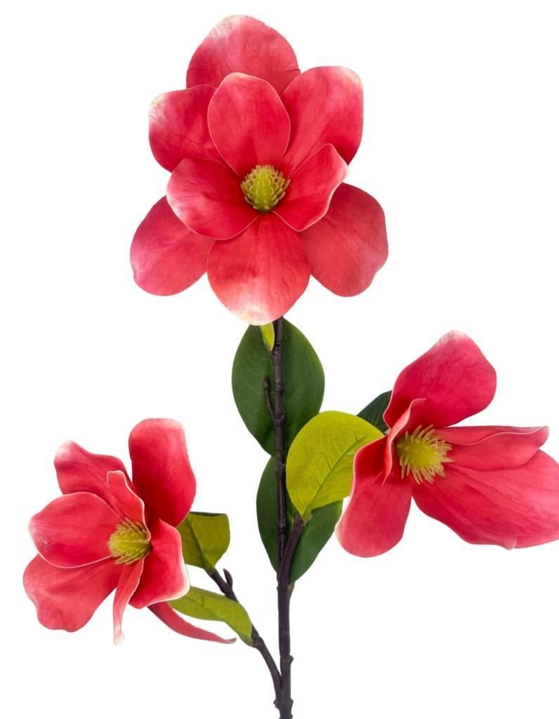 Yapay Çiçek Pembe Koyu Manolya Islak Doku 3 Kafalı Uzun Dal Çiçek Flowers 95cm