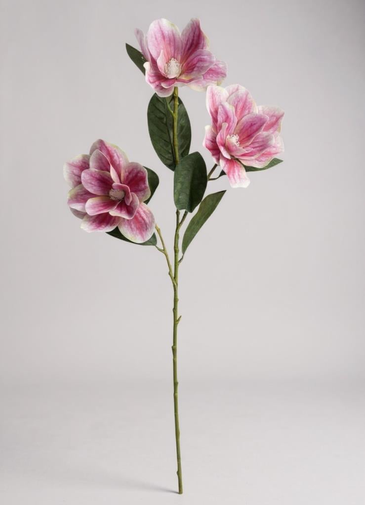 Yapay Çiçek Pembe Manolya Islak Doku 3 Kafalı Uzun Dal Çiçek Flowers 80cm