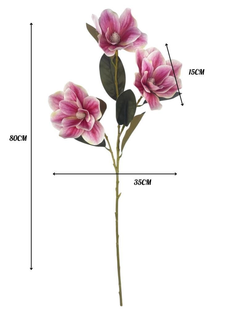 Yapay Çiçek Pembe Manolya Islak Doku 3 Kafalı Uzun Dal Çiçek Flowers 80cm