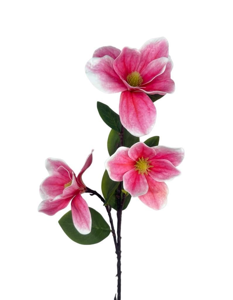 Yapay Çiçek Pembe Manolya Islak Doku 3 Kafalı Uzun Dal Çiçek Flowers 95cm