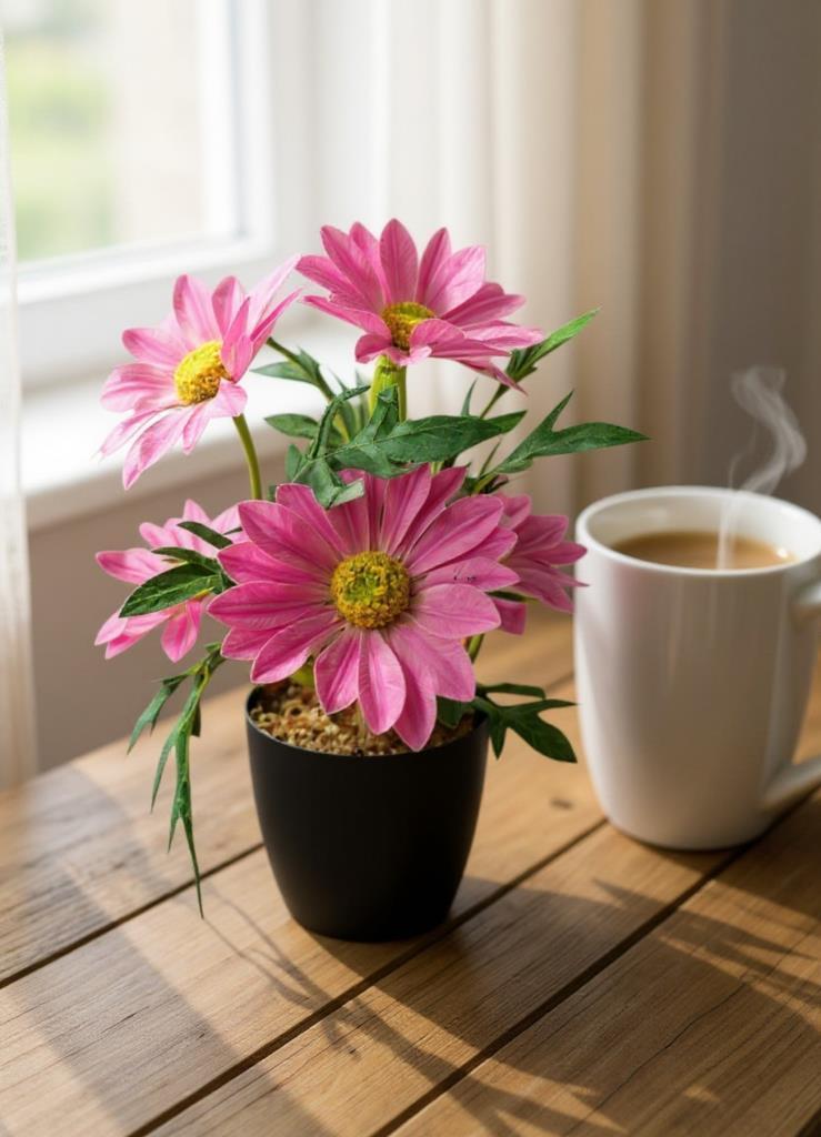 Yapay Çiçek Pembe Margarit Papatya Siyah Saksıda Dekoratif Yapay Çiçek 30*25cm