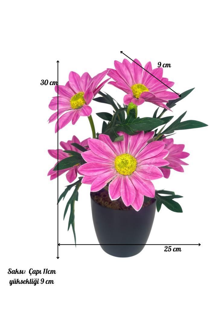 Yapay Çiçek Pembe Margarit Papatya Siyah Saksıda Dekoratif Yapay Çiçek 30*25cm