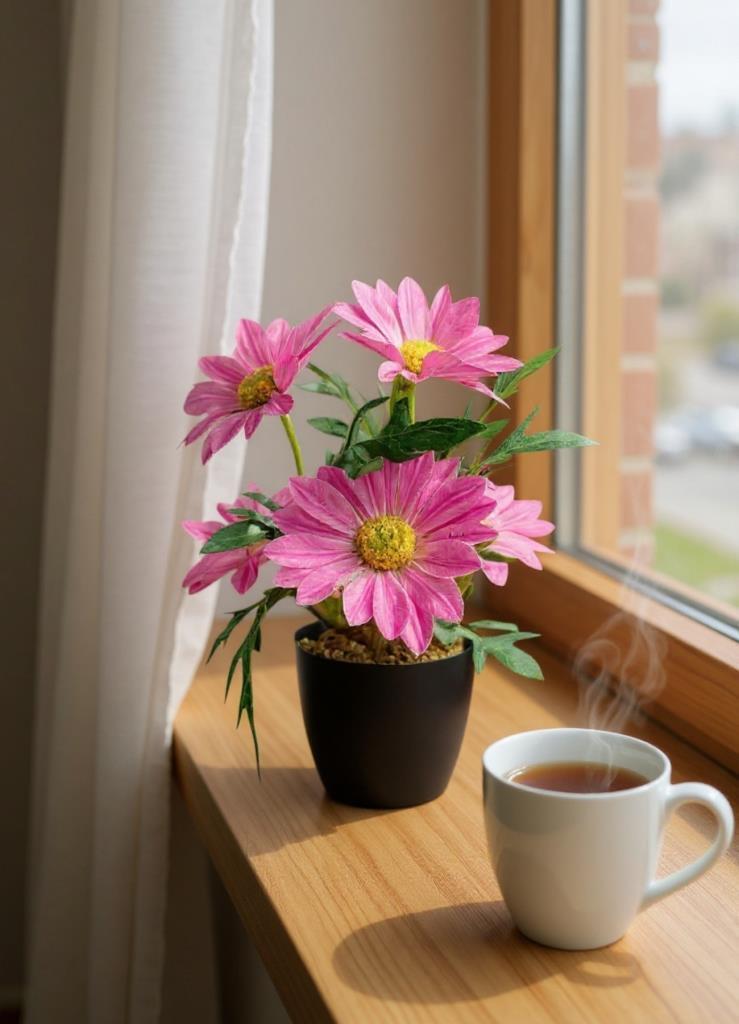 Yapay Çiçek Pembe Margarit Papatya Siyah Saksıda Dekoratif Yapay Çiçek 30*25cm