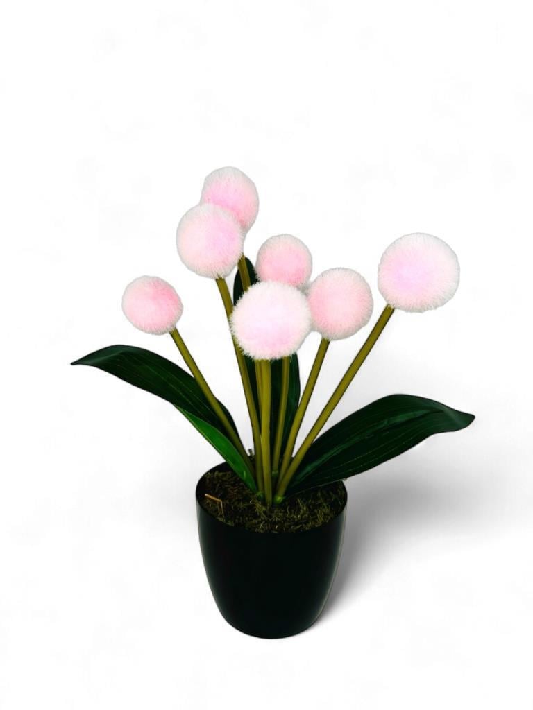 Yapay Çiçek Pembe Pompon Siyah Saksıda Dekoratif Yapay Çiçek 30*20cm