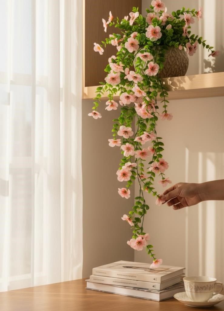 Yapay Çiçek Pembe Sarkan Mineli Okaliptus Şimşir Yapay Sarmaşık 5dal 60cm