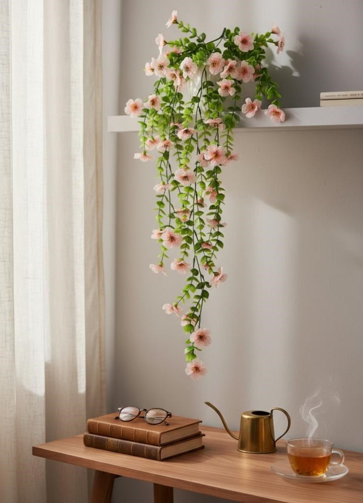 Yapay Çiçek Pembe Sarkan Mineli Okaliptus Şimşir Yapay Sarmaşık 5dal 60cm