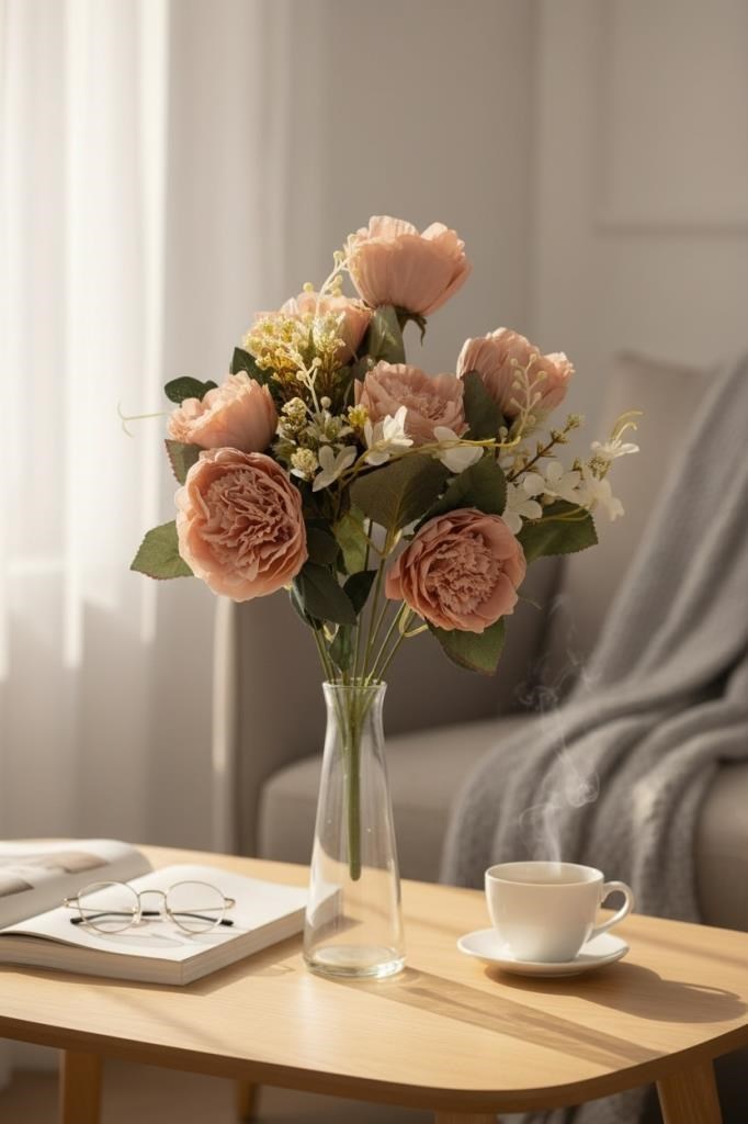 Yapay Çiçek Pudra 10Dallı Katmerli Gelincik Karışık Aranjman Demeti 45*25cm