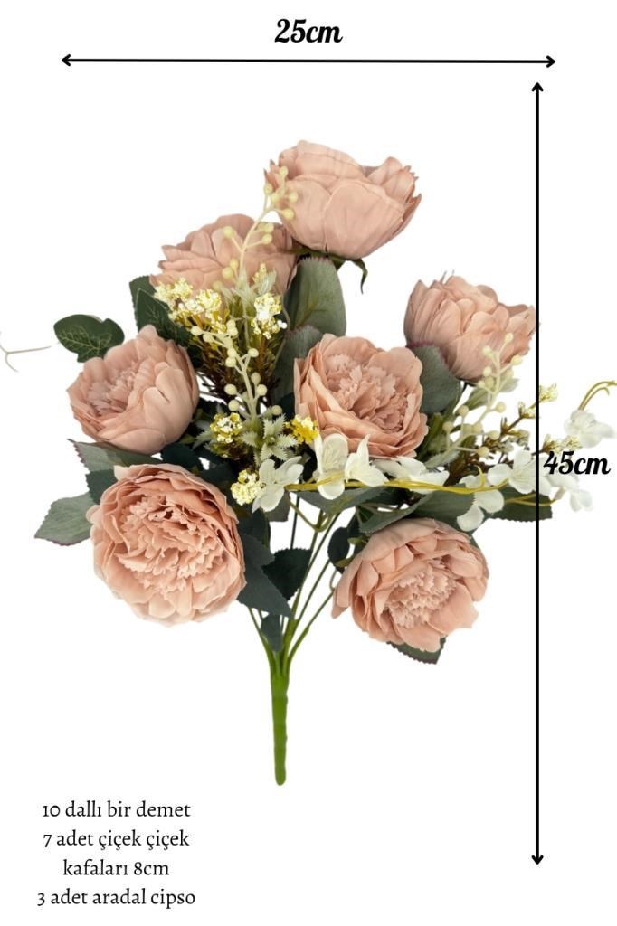Yapay Çiçek Pudra 10Dallı Katmerli Gelincik Karışık Aranjman Demeti 45*25cm