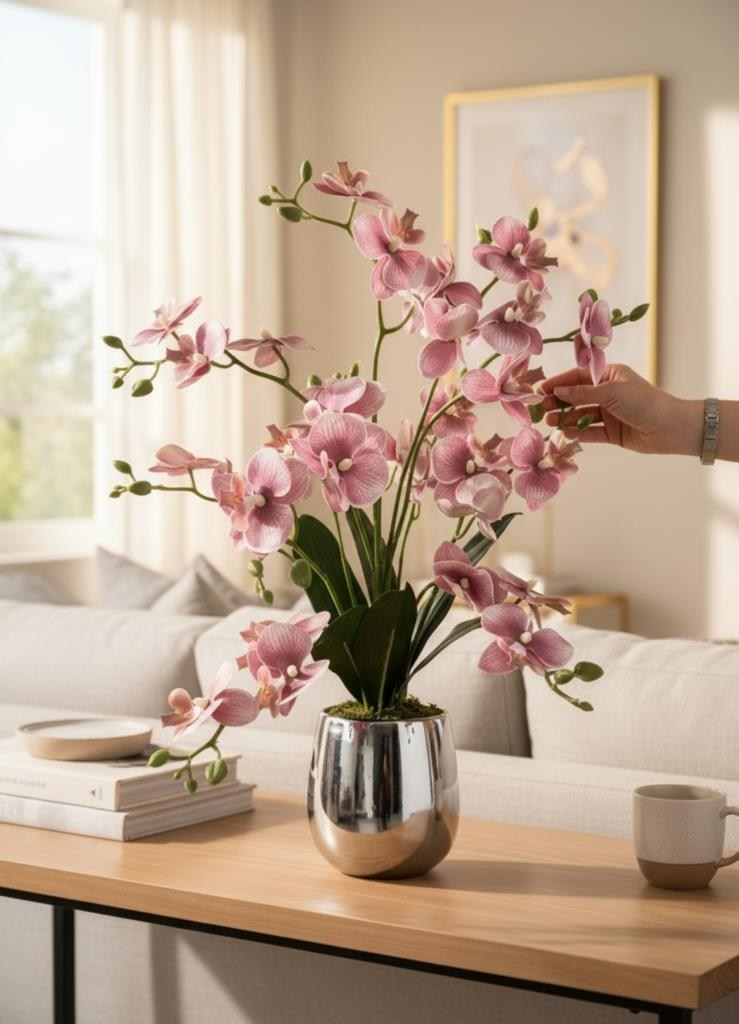 Yapay Çiçek Pudra 9 Dallı Islak Orkide Gümüş Metal Saksıda Saksıda Orkide 60cm