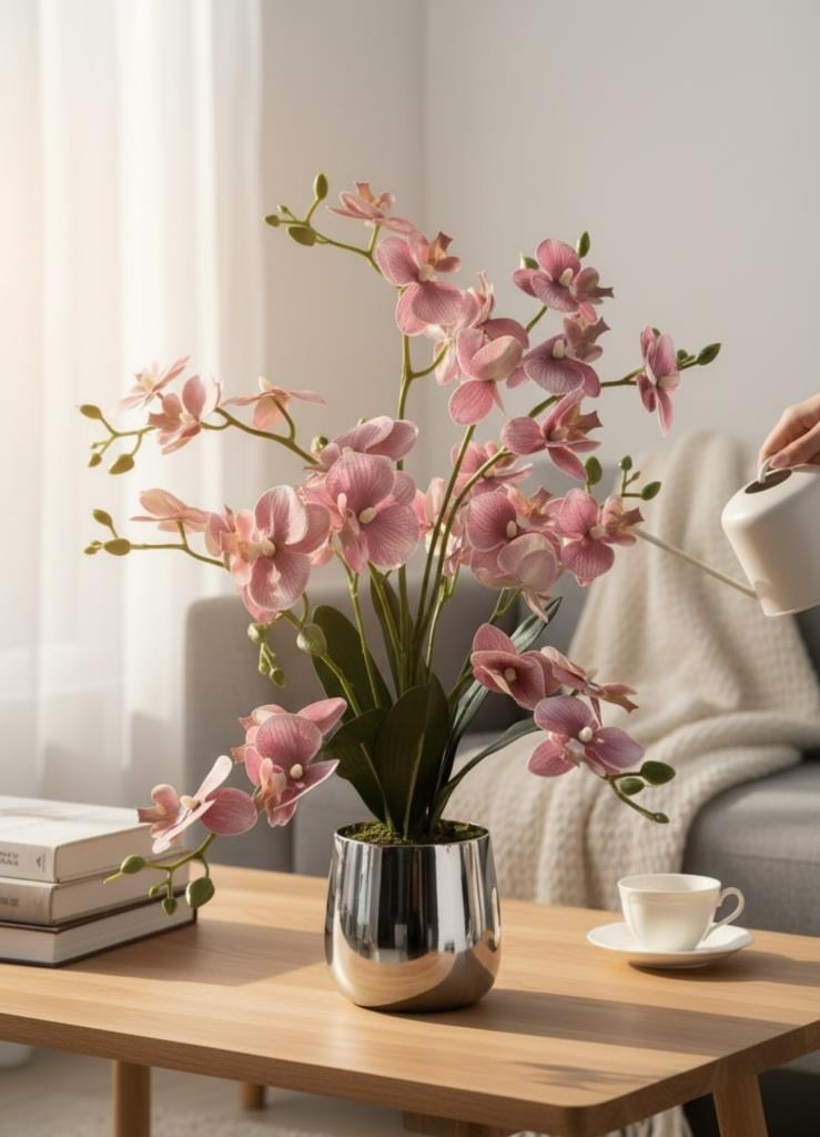 Yapay Çiçek Pudra 9 Dallı Islak Orkide Gümüş Metal Saksıda Saksıda Orkide 60cm