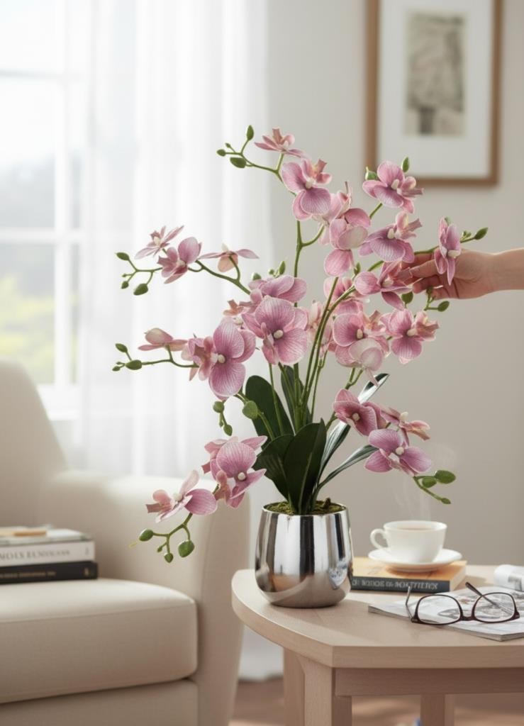 Yapay Çiçek Pudra 9 Dallı Islak Orkide Gümüş Metal Saksıda Saksıda Orkide 60cm