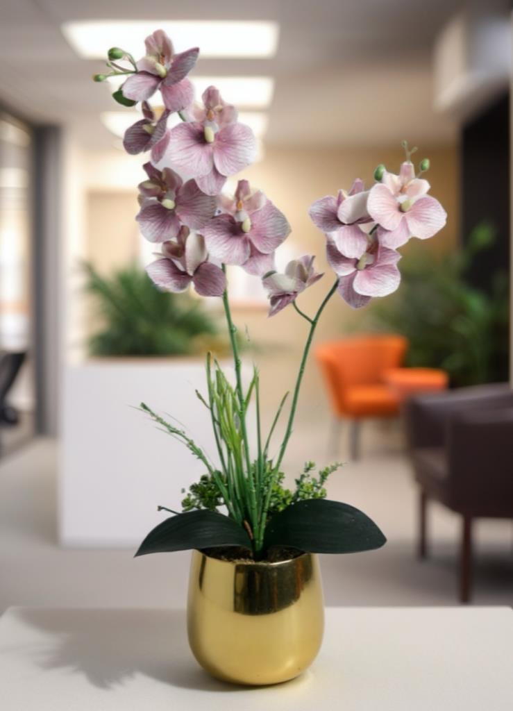 Yapay Çiçek Pudra Pembe Islak Orkide Gold Metal Saksıda Saksıda Orkide 50cm