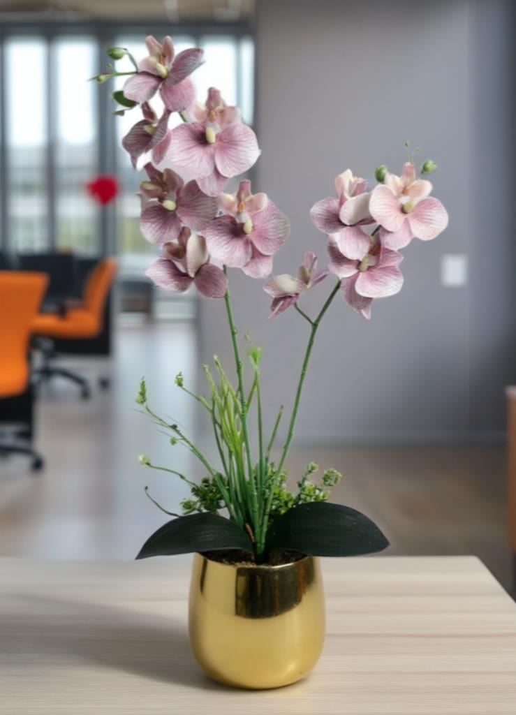 Yapay Çiçek Pudra Pembe Islak Orkide Gold Metal Saksıda Saksıda Orkide 50cm