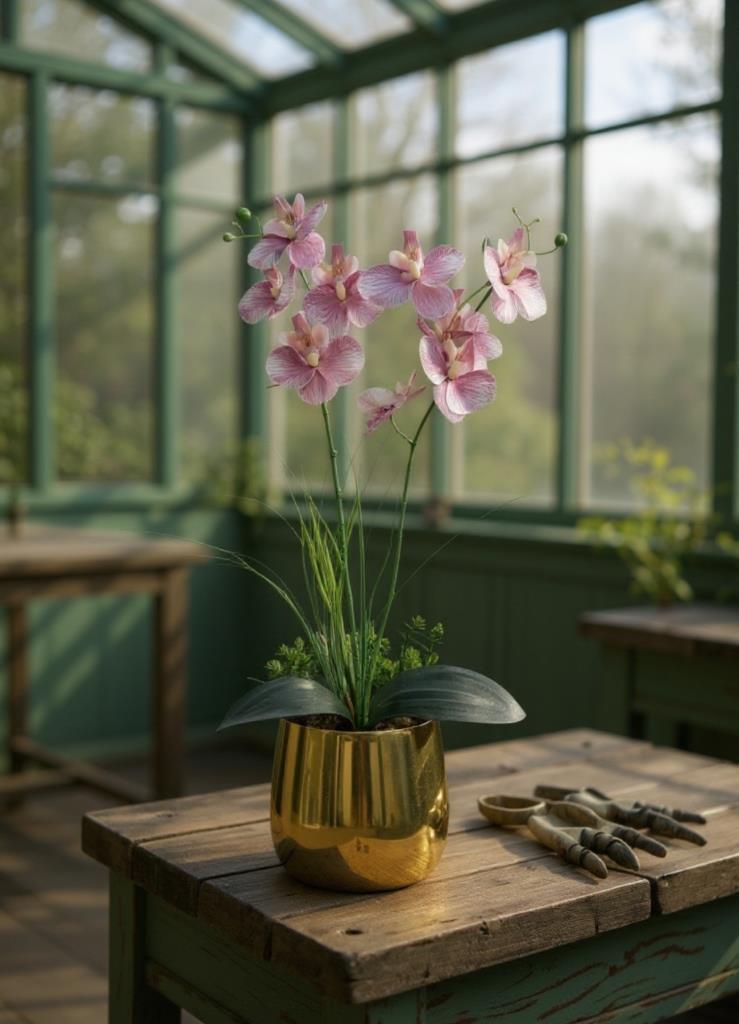 Yapay Çiçek Pudra Pembe Islak Orkide Gold Metal Saksıda Saksıda Orkide 50cm