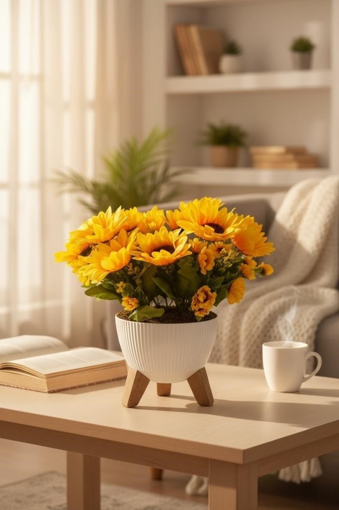 Yapay Çiçek Renkli Ayçiçeği Salon Çiçeği Zigon Saksıda Yapay Bitki 37*40cm