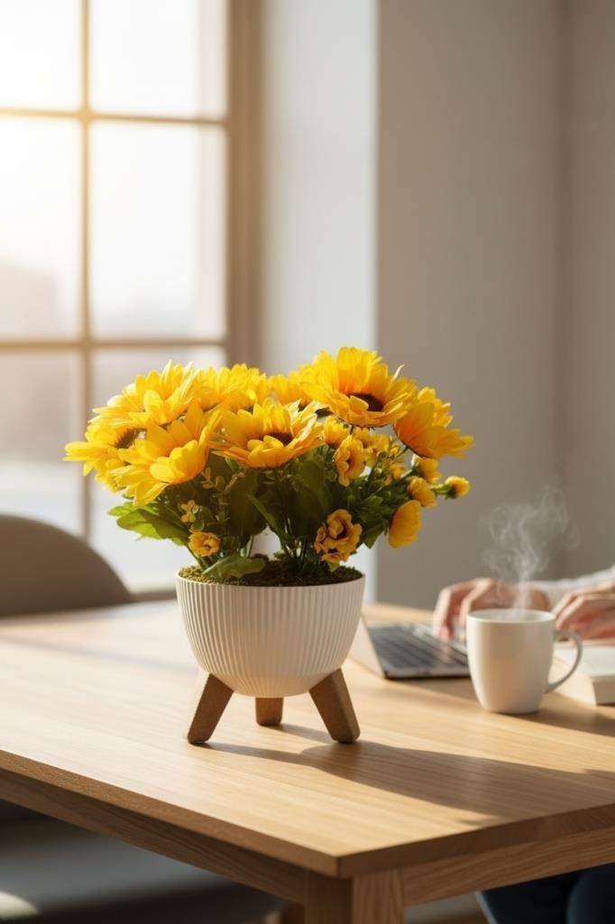 Yapay Çiçek Renkli Ayçiçeği Salon Çiçeği Zigon Saksıda Yapay Bitki 37*40cm