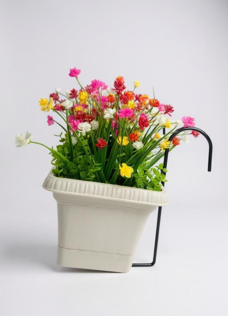 Yapay Çiçek Renkli Mini Lotus Çiçekli Krem Küpeşte Askılı Balkon Çiçeği Balkon Saksısı