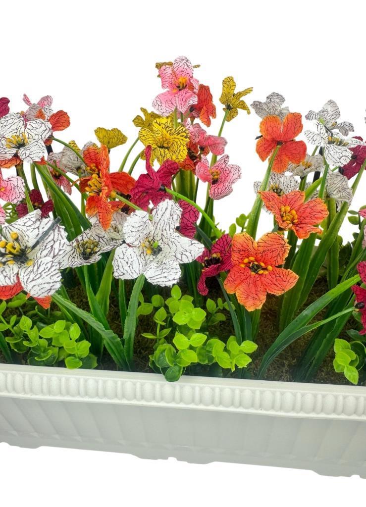 Yapay Çiçek Renkli Mini Mine Çiçekli Krem Küpeşte Askılı Balkon Çiçeği Balkon Saksısı