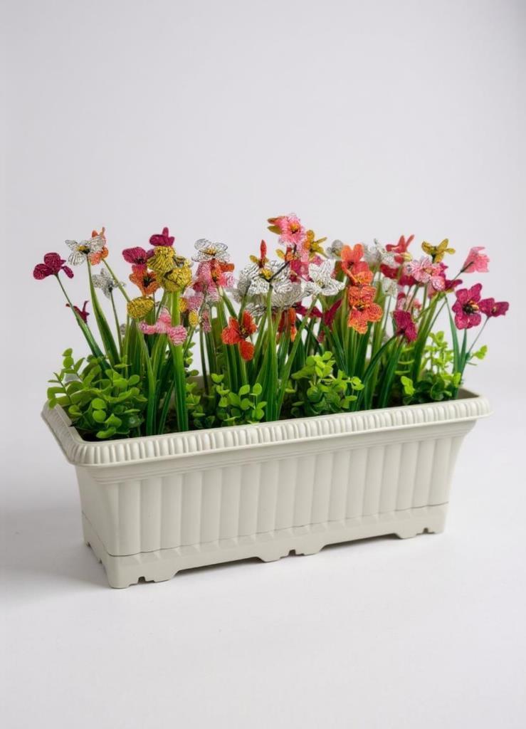 Yapay Çiçek Renkli Mini Mine Çiçekli Krem Küpeşte Askılı Balkon Çiçeği Balkon Saksısı