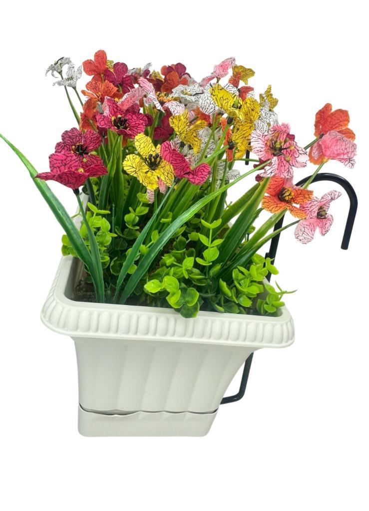 Yapay Çiçek Renkli Mini Mine Çiçekli Krem Küpeşte Askılı Balkon Çiçeği Balkon Saksısı