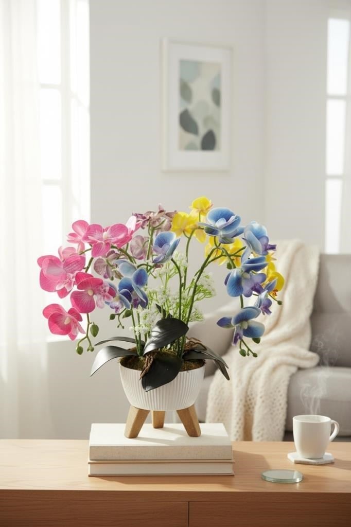 Yapay Çiçek Renkli Orkide Salon Çiçeği Zigon Saksıda Yapay Bitki 45*45cm