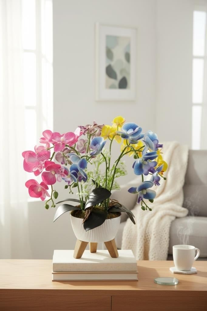 Yapay Çiçek Renkli Orkide Salon Çiçeği Zigon Saksıda Yapay Bitki 45*45cm