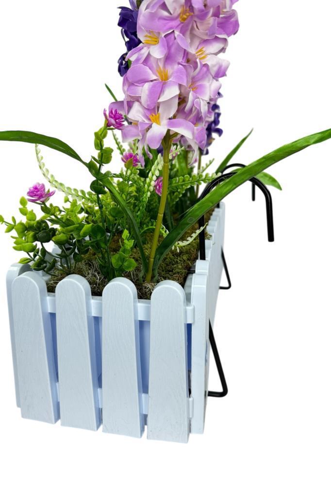 Yapay Çiçek Renkli Sümbül Çiçekleri Beyaz Çit Saksıda Küpeşte Askılı Balkon Çiçeği Çiçek Sepeti