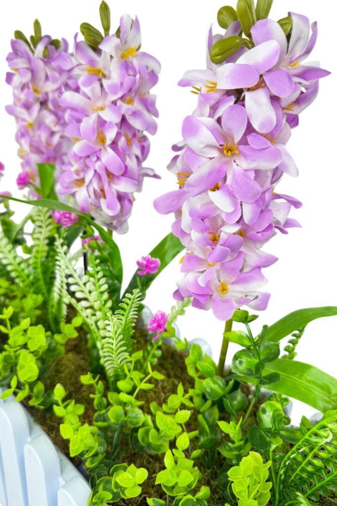 Yapay Çiçek Renkli Sümbül Çiçekleri Beyaz Çit Saksıda Küpeşte Askılı Balkon Çiçeği Çiçek Sepeti