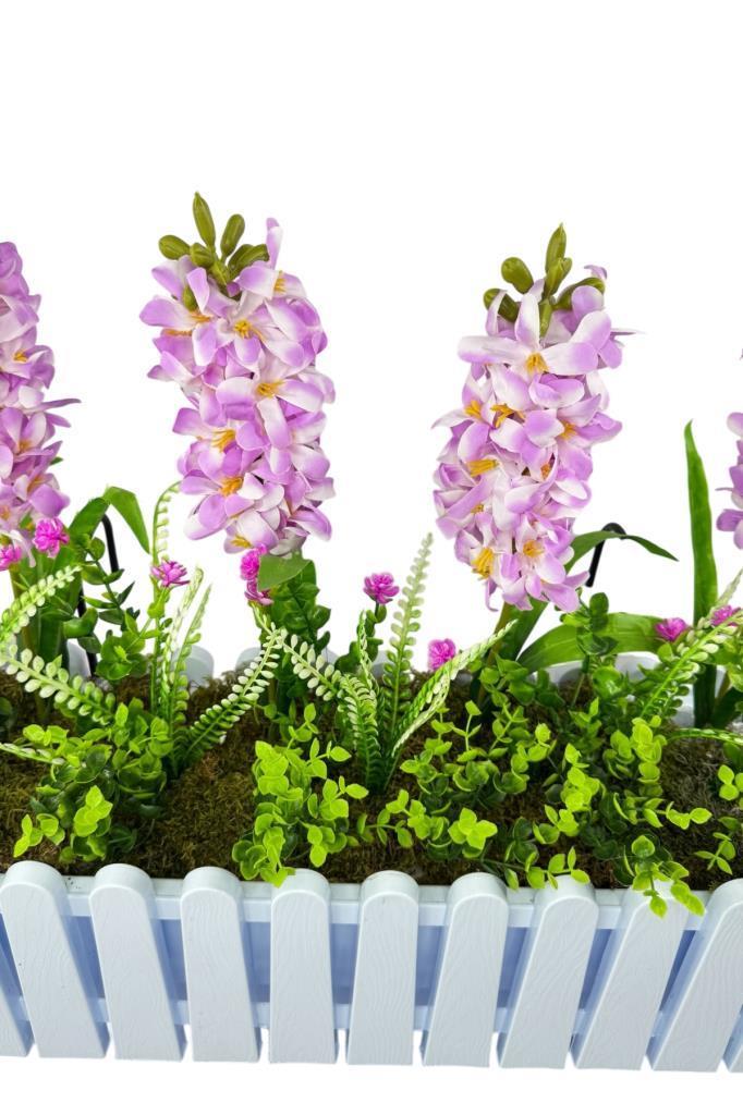 Yapay Çiçek Renkli Sümbül Çiçekleri Beyaz Çit Saksıda Küpeşte Askılı Balkon Çiçeği Çiçek Sepeti