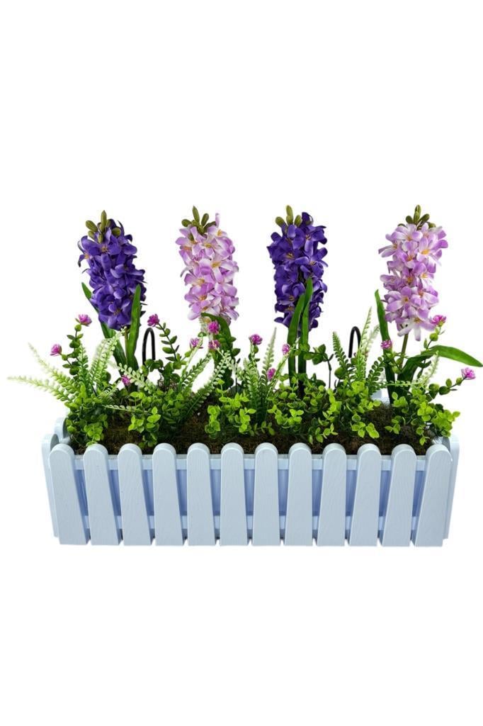 Yapay Çiçek Renkli Sümbül Çiçekleri Beyaz Çit Saksıda Küpeşte Askılı Balkon Çiçeği Çiçek Sepeti