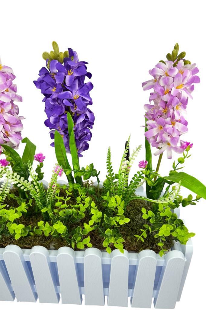 Yapay Çiçek Renkli Sümbül Çiçekleri Beyaz Çit Saksıda Küpeşte Askılı Balkon Çiçeği Çiçek Sepeti