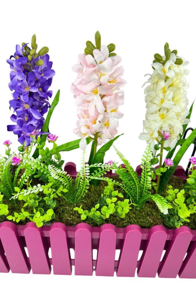 Yapay Çiçek Renkli Sümbül Çiçekleri Mor Çit Saksıda Küpeşte Askılı Balkon Çiçeği Çiçek Sepeti