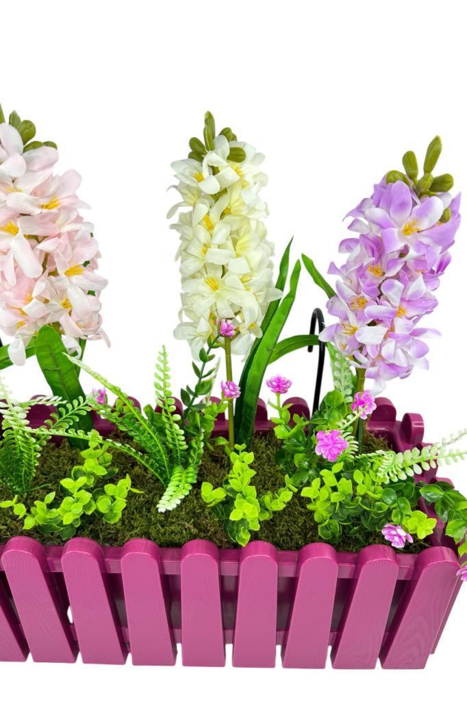 Yapay Çiçek Renkli Sümbül Çiçekleri Mor Çit Saksıda Küpeşte Askılı Balkon Çiçeği Çiçek Sepeti