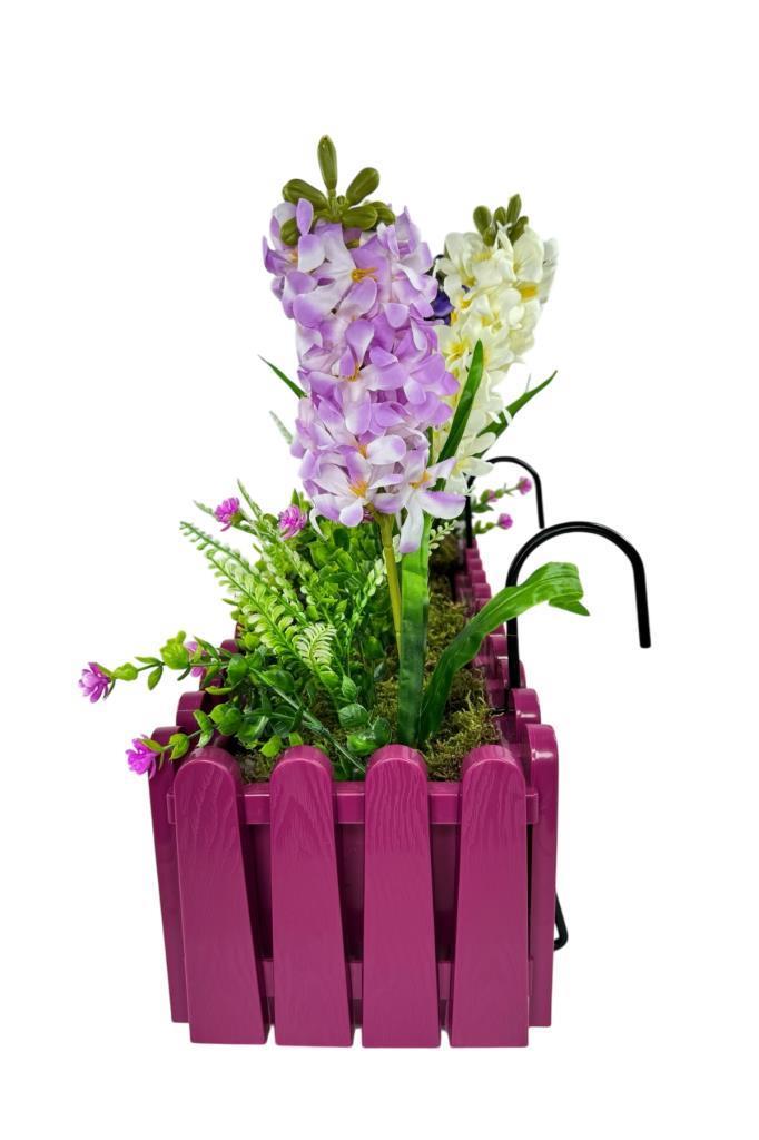 Yapay Çiçek Renkli Sümbül Çiçekleri Mor Çit Saksıda Küpeşte Askılı Balkon Çiçeği Çiçek Sepeti