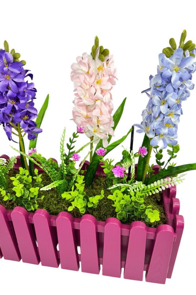 Yapay Çiçek Renkli Sümbül Çiçekleri Mor Çit Saksıda Küpeşte Askılı Balkon Çiçeği Çiçek Sepeti