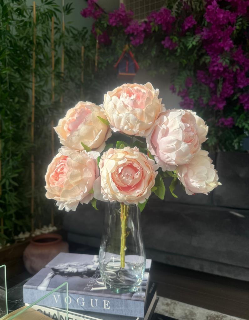 Yapay Çiçek Şakayık Soft Pembe 7 Güllü Büyük Boy Demet 40cm