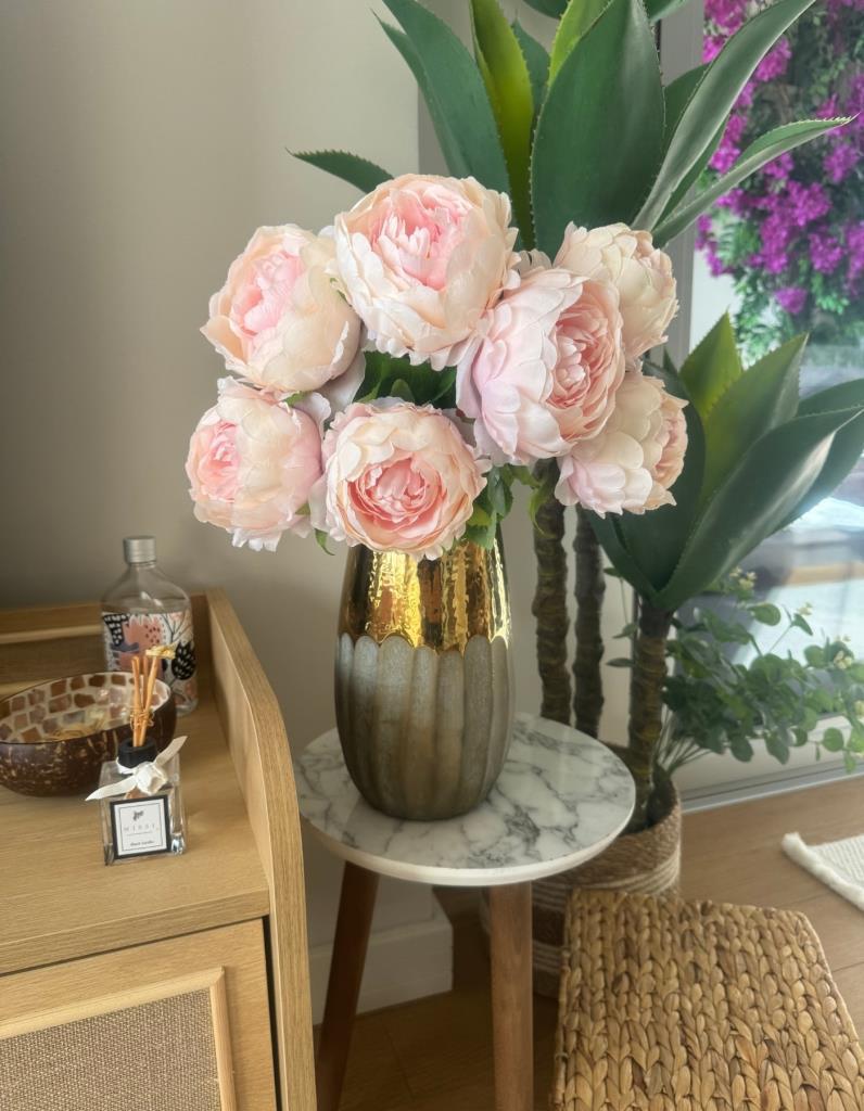 Yapay Çiçek Şakayık Soft Pembe 7 Güllü Büyük Boy Demet 40cm