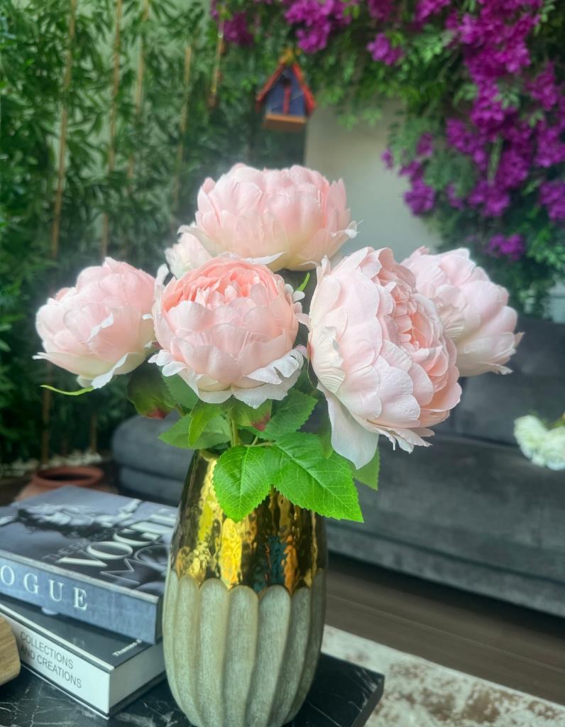 Yapay Çiçek Şakayık Tatlı Pembe 7 Güllü Büyük Boy Demet 40cm