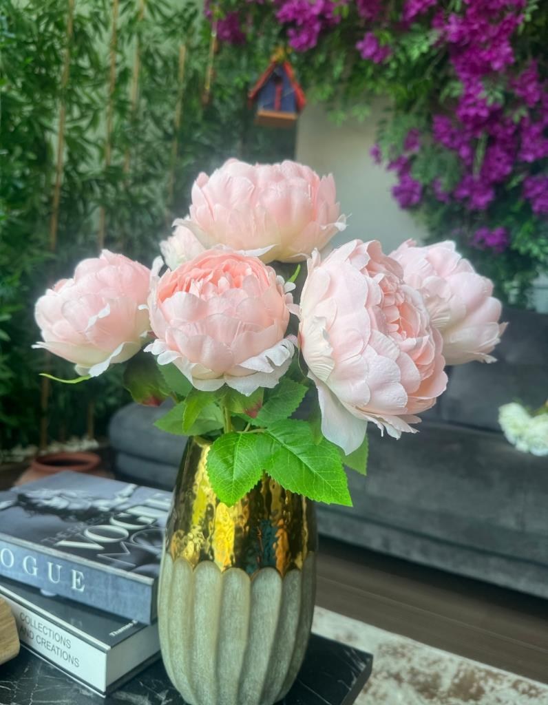 Yapay Çiçek Şakayık Tatlı Pembe 7 Güllü Büyük Boy Demet 40cm