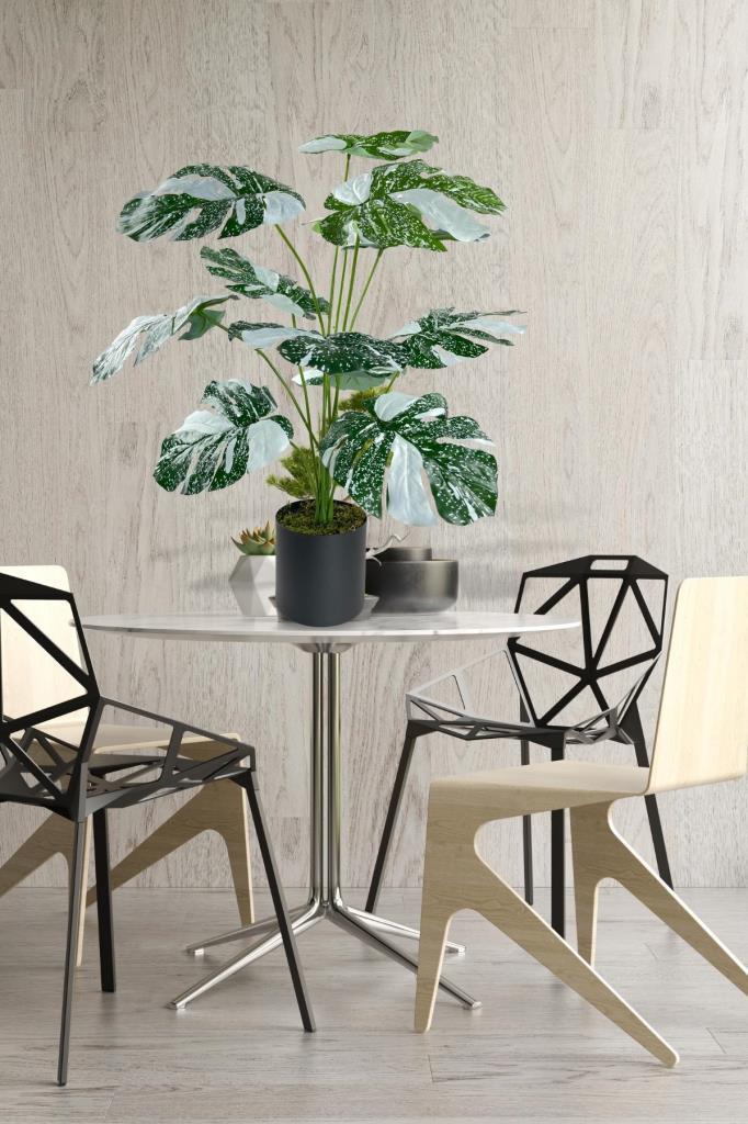 Yapay Çiçek Saksıda Monstera Yeşil Beyaz Deve Tabanı 12Dal 70cm Salon Çiçeği Yapay Bitki