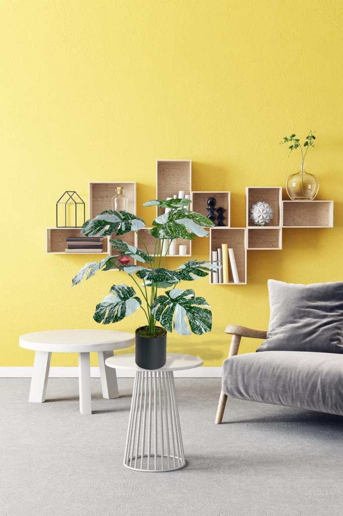 Yapay Çiçek Saksıda Monstera Yeşil Beyaz Deve Tabanı 12Dal 70cm Salon Çiçeği Yapay Bitki