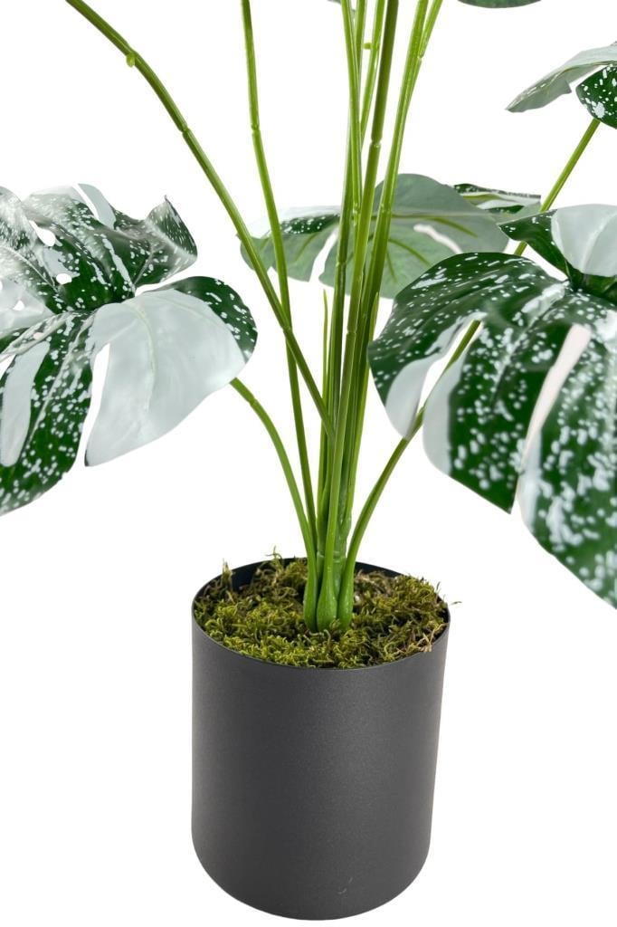 Yapay Çiçek Saksıda Monstera Yeşil Beyaz Deve Tabanı 12Dal 70cm Salon Çiçeği Yapay Bitki