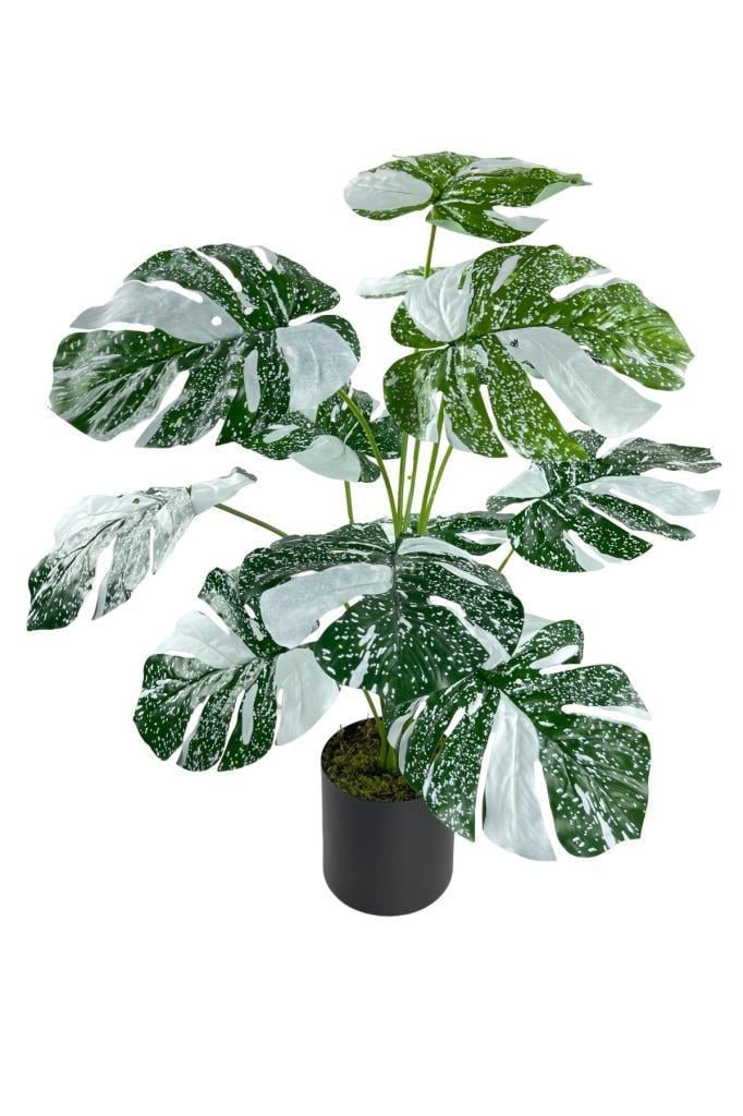 Yapay Çiçek Saksıda Monstera Yeşil Beyaz Deve Tabanı 12Dal 70cm Salon Çiçeği Yapay Bitki