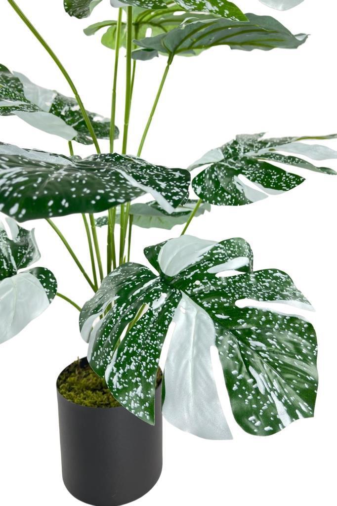 Yapay Çiçek Saksıda Monstera Yeşil Beyaz Deve Tabanı 12Dal 70cm Salon Çiçeği Yapay Bitki