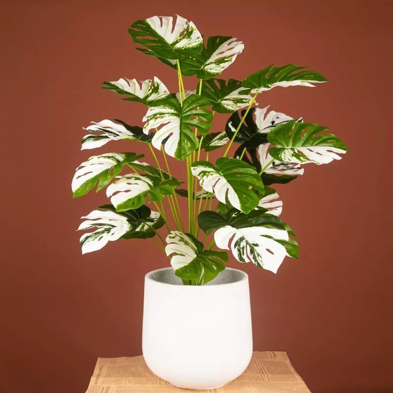 Yapay Çiçek Saksıda Monstera Yeşil Beyaz Deve Tabanı 12Dal 70cm Salon Çiçeği Yapay Bitki